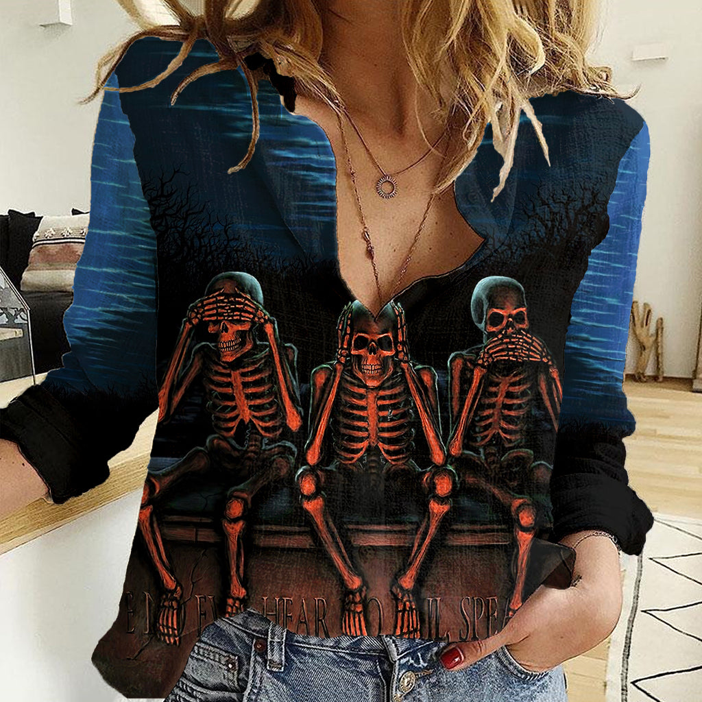 Skull Women Casual Shirt Three Skeleton No See No Speak No Hear - Wonder Print Shop