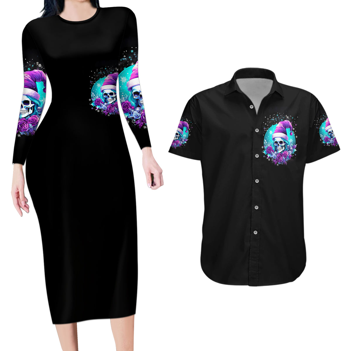 Skull Witch Santa Couples Matching Long Sleeve Bodycon Dress and Hawaiian Shirt The Good Girl In Me Got Tired So Bitch In Me Came Out - Wonder Print Shop