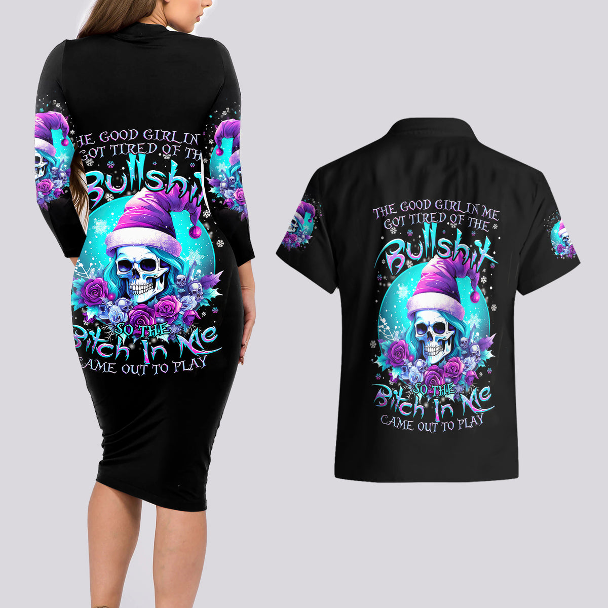 Skull Witch Santa Couples Matching Long Sleeve Bodycon Dress and Hawaiian Shirt The Good Girl In Me Got Tired So Bitch In Me Came Out - Wonder Print Shop