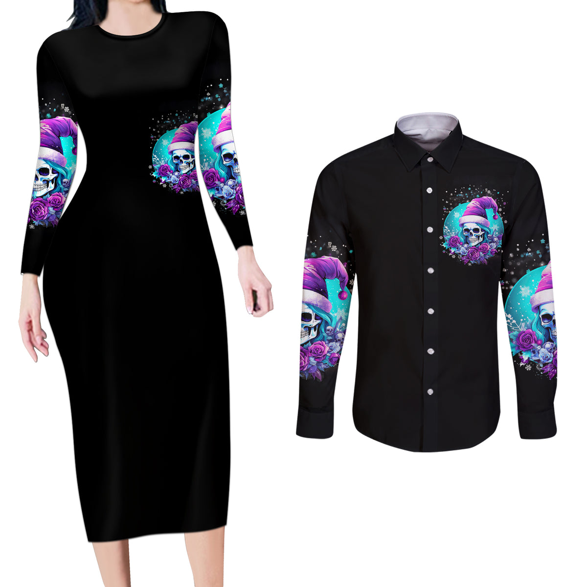 Skull Witch Santa Couples Matching Long Sleeve Bodycon Dress and Long Sleeve Button Shirt The Good Girl In Me Got Tired So Bitch In Me Came Out - Wonder Print Shop