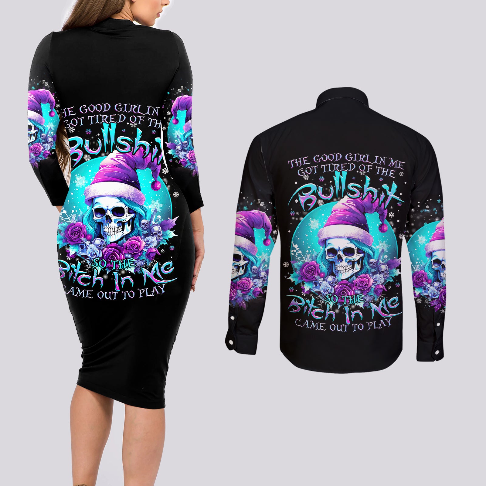 Skull Witch Santa Couples Matching Long Sleeve Bodycon Dress and Long Sleeve Button Shirt The Good Girl In Me Got Tired So Bitch In Me Came Out - Wonder Print Shop