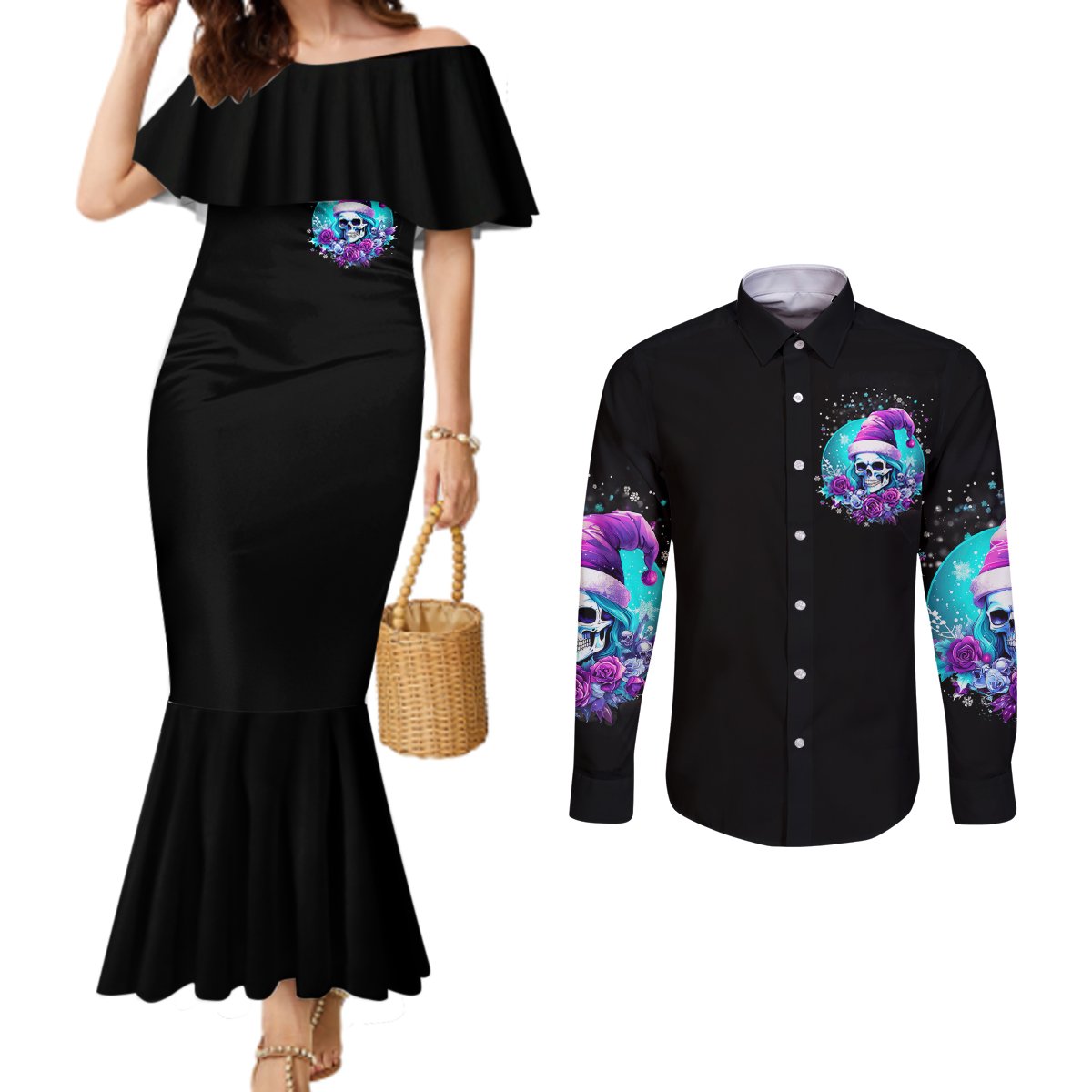 skull-witch-santa-couples-matching-mermaid-dress-and-long-sleeve-button-shirt-the-good-girl-in-me-got-tired-so-bitch-in-me-came-out