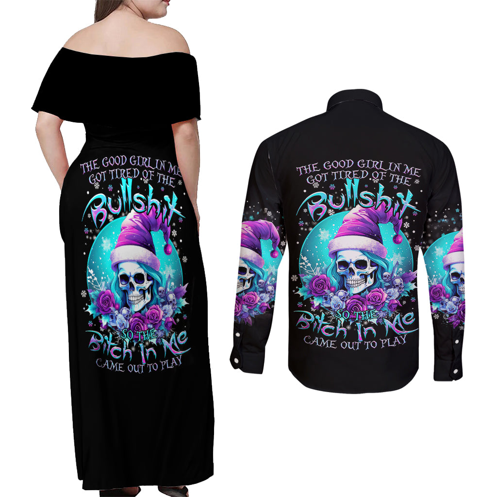 Skull Witch Santa Couples Matching Off Shoulder Maxi Dress and Long Sleeve Button Shirt The Good Girl In Me Got Tired So Bitch In Me Came Out - Wonder Print Shop