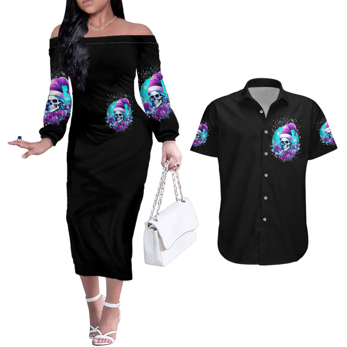 Skull Witch Santa Couples Matching Off The Shoulder Long Sleeve Dress and Hawaiian Shirt The Good Girl In Me Got Tired So Bitch In Me Came Out - Wonder Print Shop