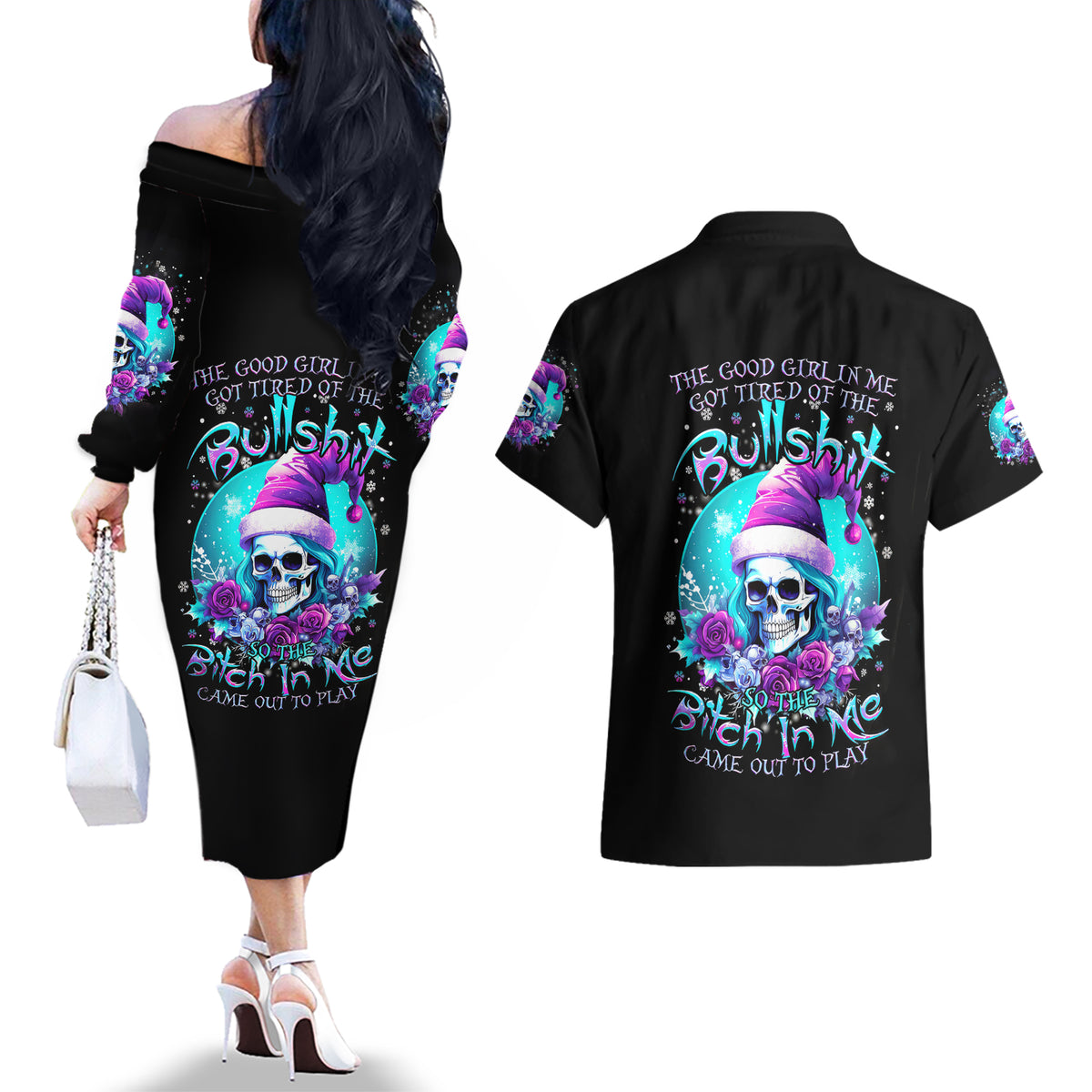 Skull Witch Santa Couples Matching Off The Shoulder Long Sleeve Dress and Hawaiian Shirt The Good Girl In Me Got Tired So Bitch In Me Came Out - Wonder Print Shop