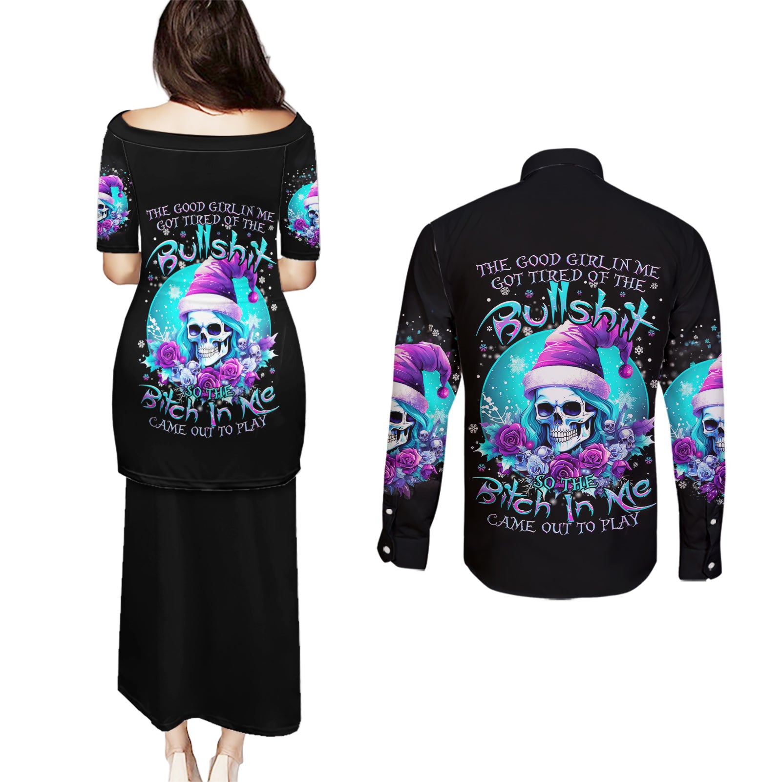Skull Witch Santa Couples Matching Puletasi Dress and Long Sleeve Button Shirt The Good Girl In Me Got Tired So Bitch In Me Came Out - Wonder Print Shop