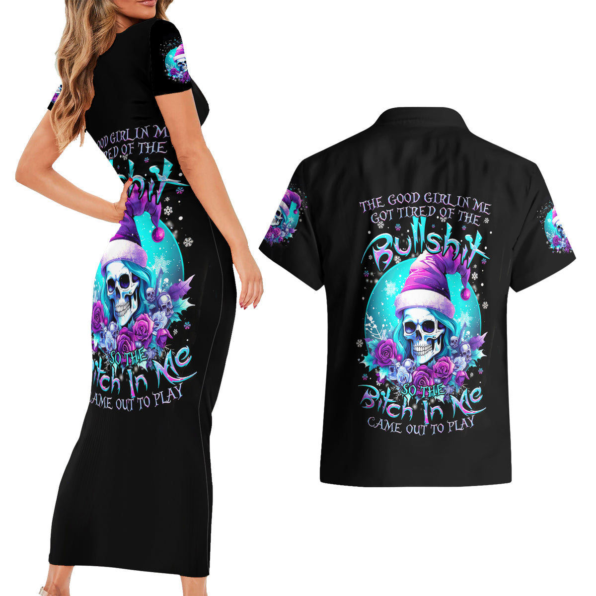 Skull Witch Santa Couples Matching Short Sleeve Bodycon Dress and Hawaiian Shirt The Good Girl In Me Got Tired So Bitch In Me Came Out - Wonder Print Shop