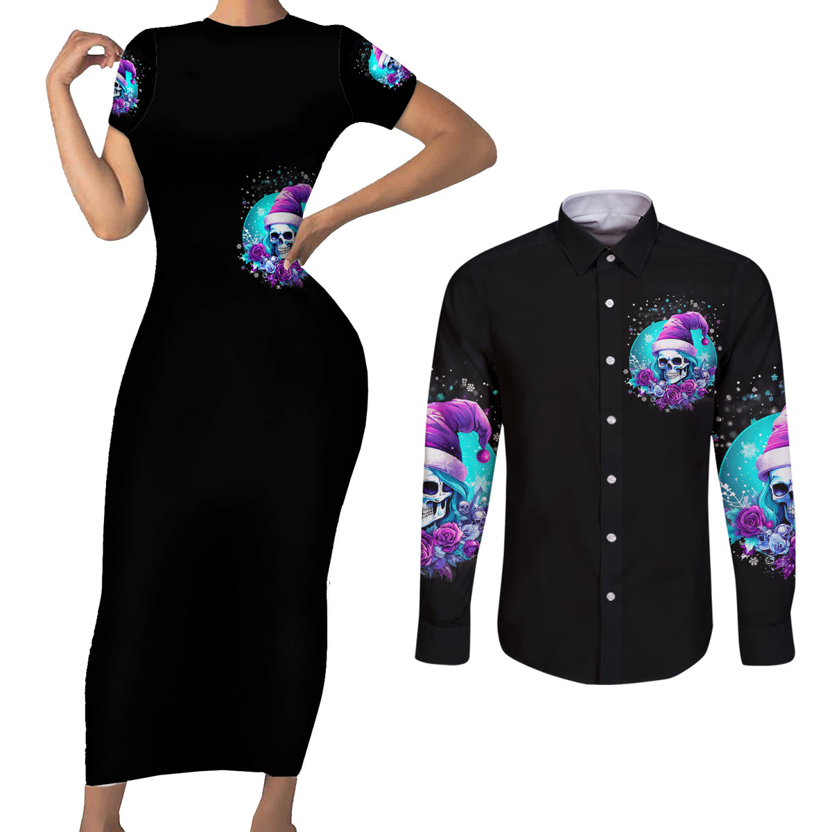 Skull Witch Santa Couples Matching Short Sleeve Bodycon Dress and Long Sleeve Button Shirt The Good Girl In Me Got Tired So Bitch In Me Came Out - Wonder Print Shop
