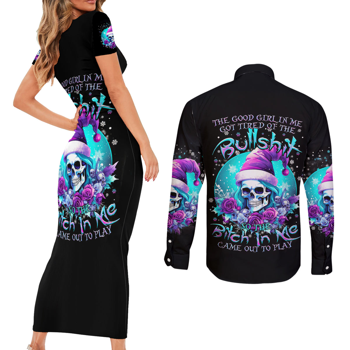 Skull Witch Santa Couples Matching Short Sleeve Bodycon Dress and Long Sleeve Button Shirt The Good Girl In Me Got Tired So Bitch In Me Came Out - Wonder Print Shop