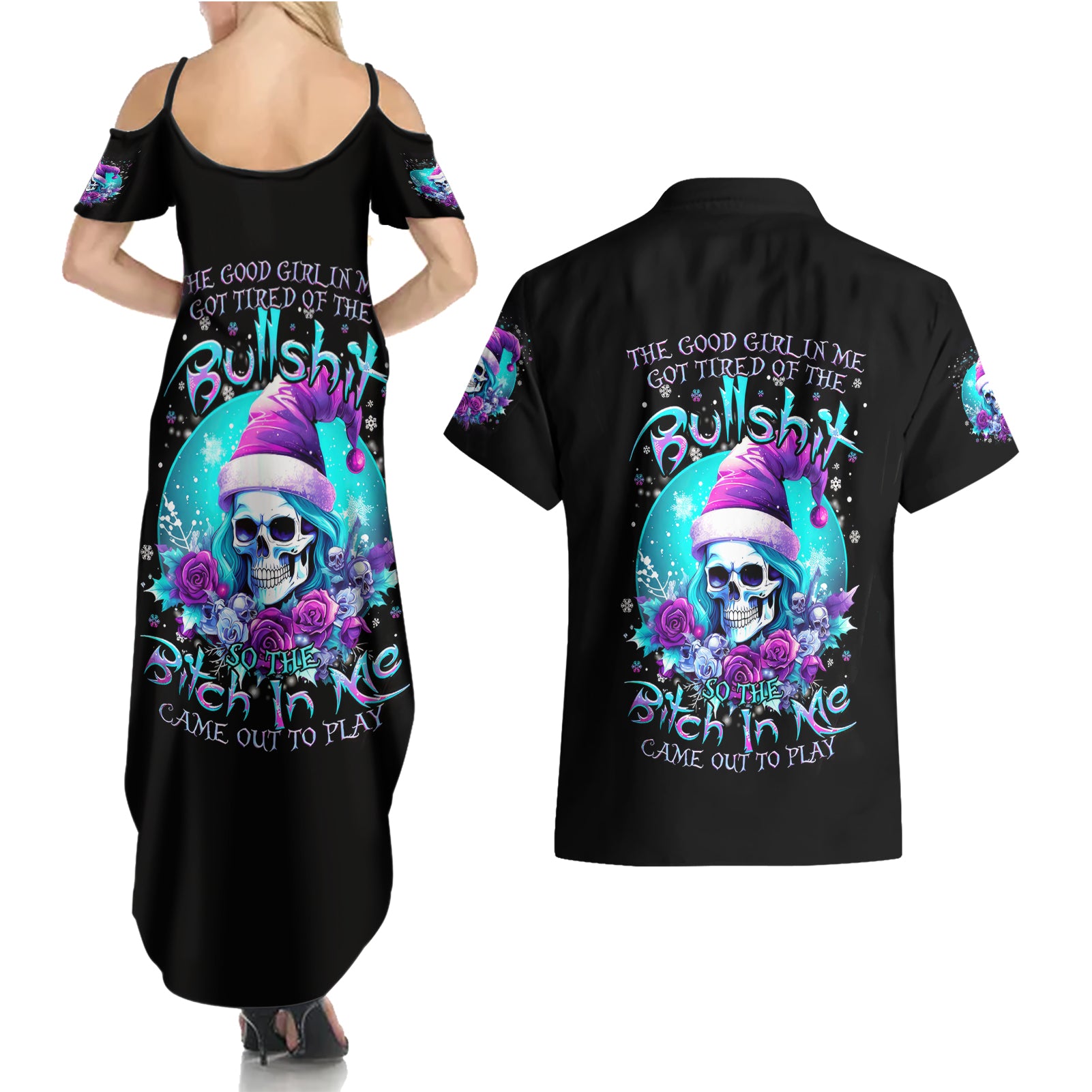 Skull Witch Santa Couples Matching Summer Maxi Dress and Hawaiian Shirt The Good Girl In Me Got Tired So Bitch In Me Came Out - Wonder Print Shop