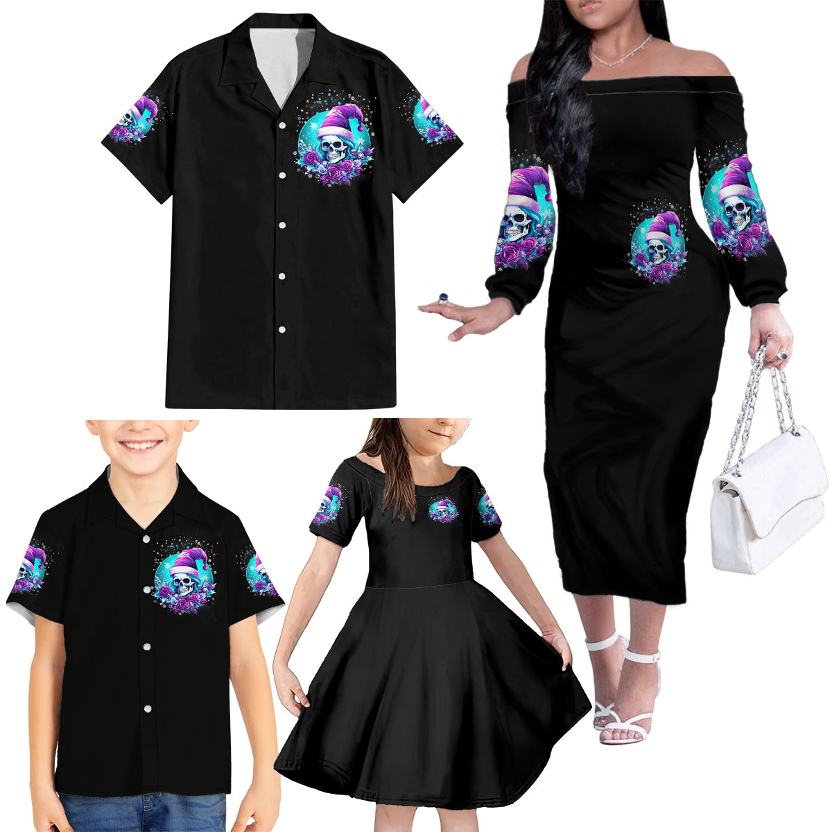 Skull Witch Santa Family Matching Off Shoulder Long Sleeve Dress and Hawaiian Shirt The Good Girl In Me Got Tired So Bitch In Me Came Out - Wonder Print Shop