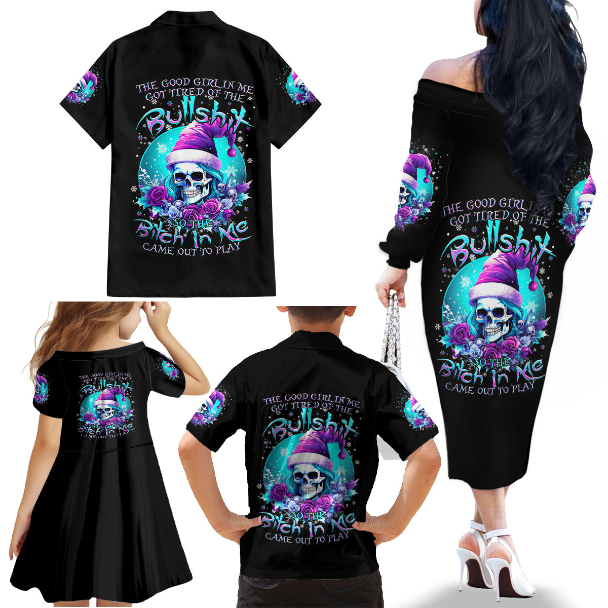 Skull Witch Santa Family Matching Off Shoulder Long Sleeve Dress and Hawaiian Shirt The Good Girl In Me Got Tired So Bitch In Me Came Out - Wonder Print Shop