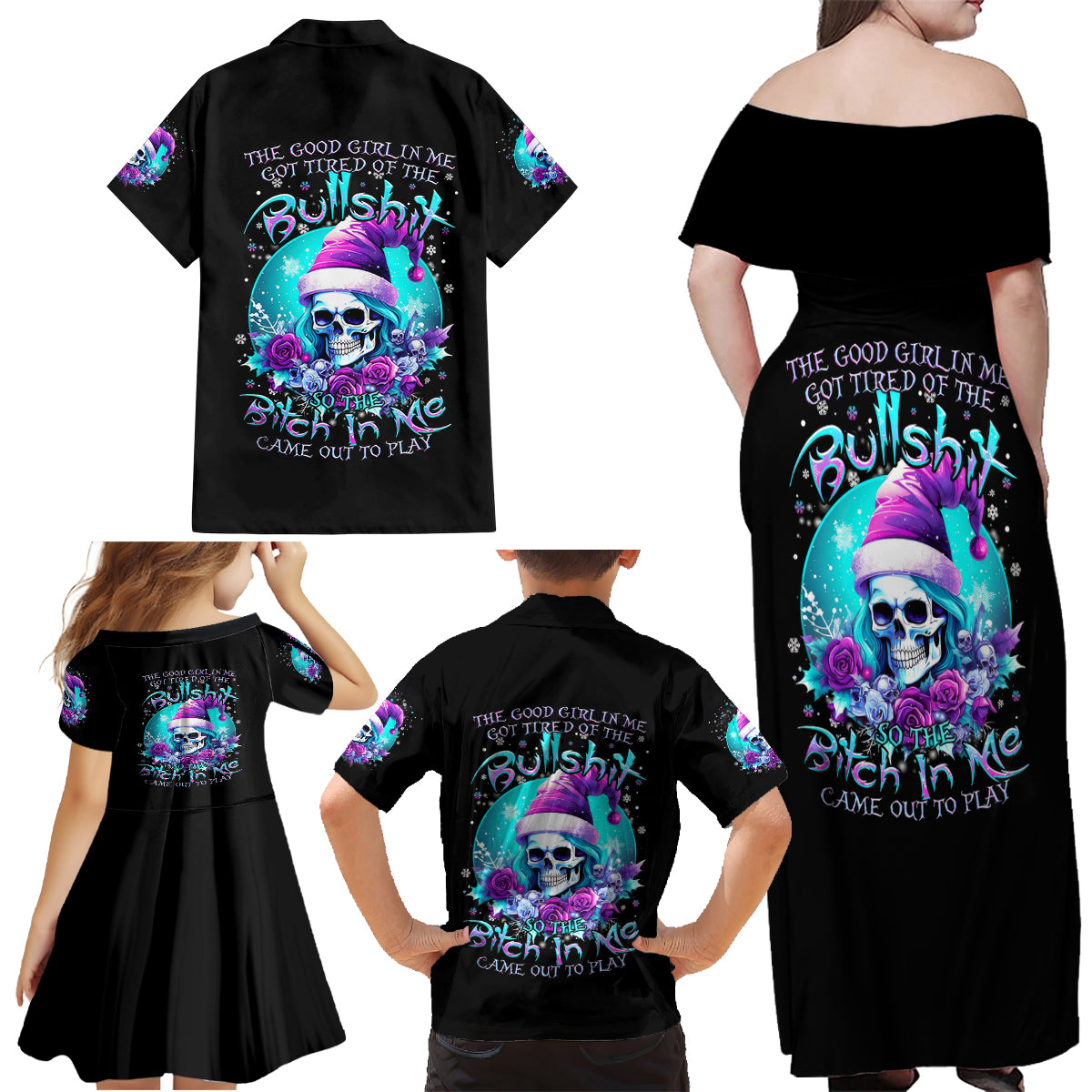 Skull Witch Santa Family Matching Off Shoulder Maxi Dress and Hawaiian Shirt The Good Girl In Me Got Tired So Bitch In Me Came Out - Wonder Print Shop