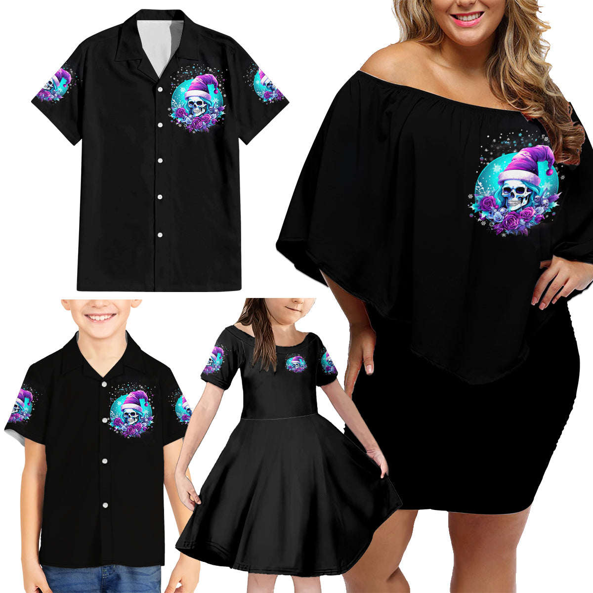 Skull Witch Santa Family Matching Off Shoulder Short Dress and Hawaiian Shirt The Good Girl In Me Got Tired So Bitch In Me Came Out - Wonder Print Shop