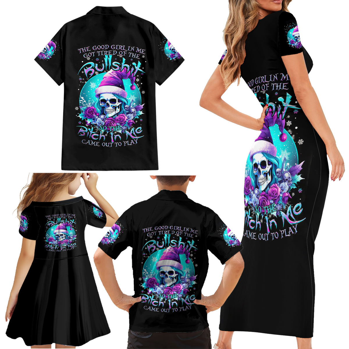 Skull Witch Santa Family Matching Short Sleeve Bodycon Dress and Hawaiian Shirt The Good Girl In Me Got Tired So Bitch In Me Came Out - Wonder Print Shop