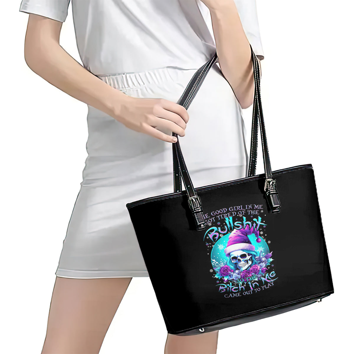 Skull Witch Santa Leather Tote Bag The Good Girl In Me Got Tired So Bitch In Me Came Out - Wonder Print Shop