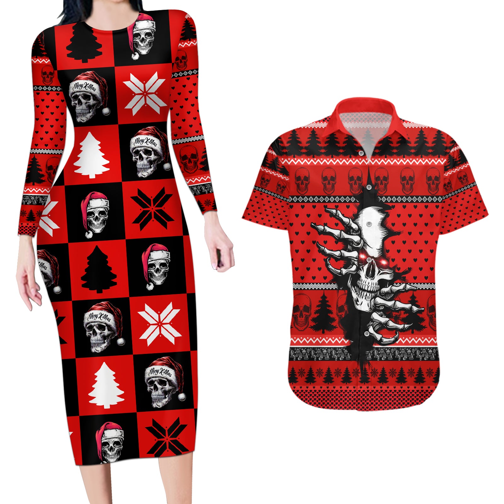 Scary Skeleton Couples Matching Long Sleeve Bodycon Dress and Hawaiian Shirt Skeleton Inside Ugly Christmas - Wonder Print Shop