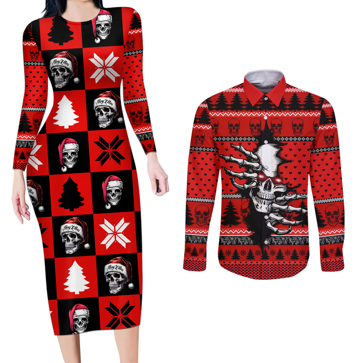 Scary Skeleton Couples Matching Long Sleeve Bodycon Dress and Long Sleeve Button Shirt Skeleton Inside Ugly Christmas - Wonder Print Shop
