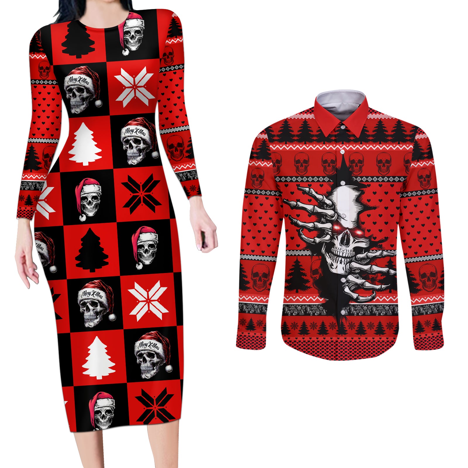 Scary Skeleton Couples Matching Long Sleeve Bodycon Dress and Long Sleeve Button Shirt Skeleton Inside Ugly Christmas - Wonder Print Shop