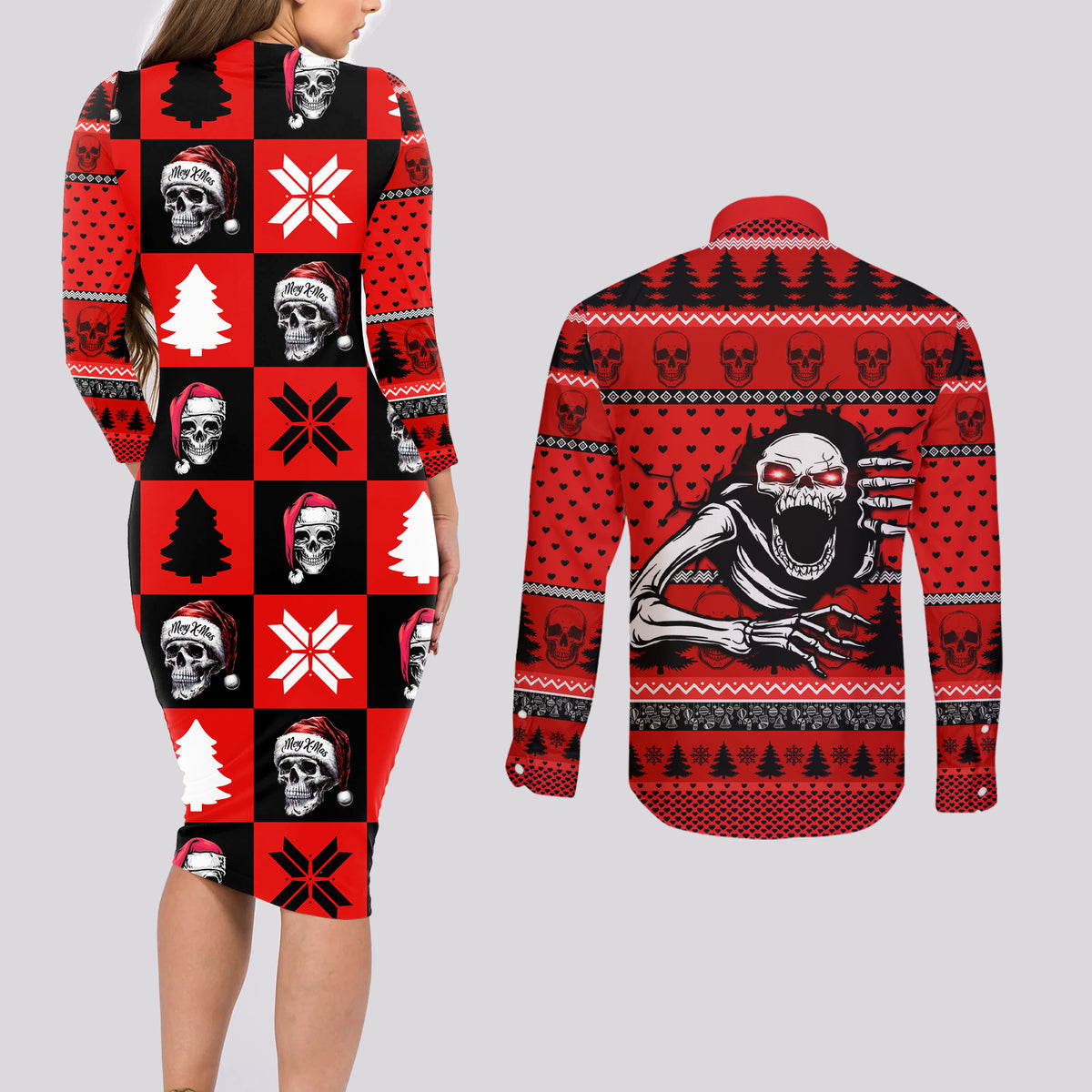 Scary Skeleton Couples Matching Long Sleeve Bodycon Dress and Long Sleeve Button Shirt Skeleton Inside Ugly Christmas - Wonder Print Shop