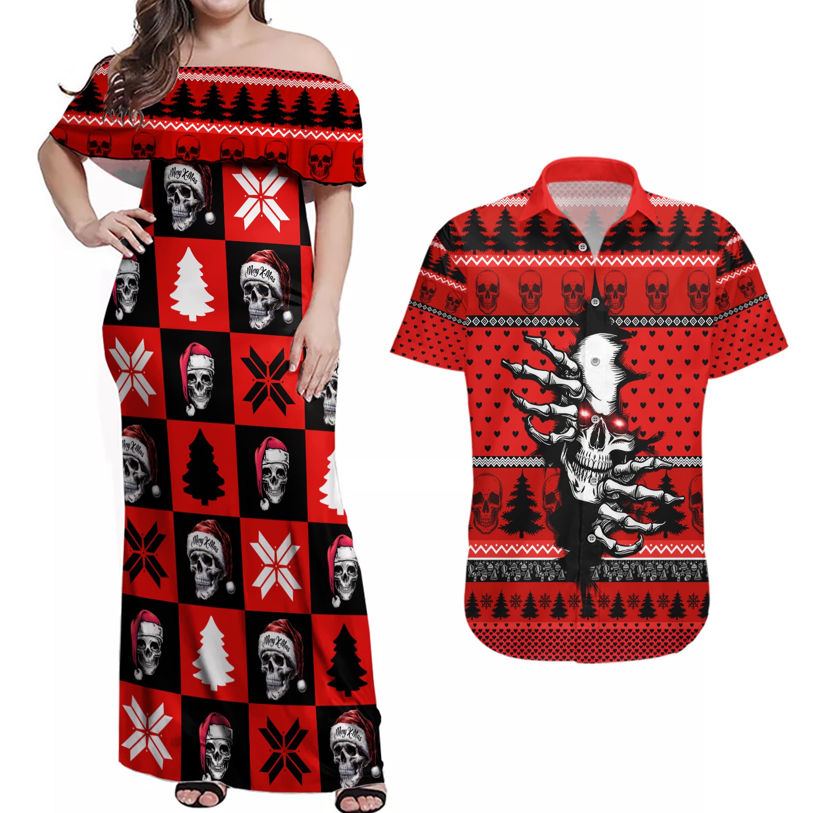 Scary Skeleton Couples Matching Off Shoulder Maxi Dress and Hawaiian Shirt Skeleton Inside Ugly Christmas - Wonder Print Shop