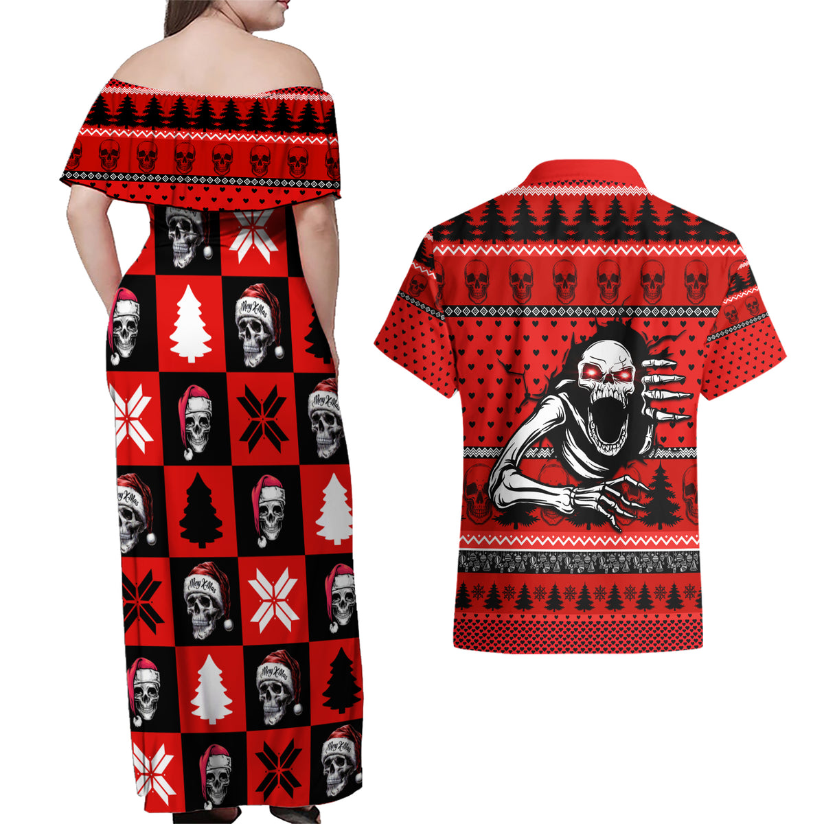 Scary Skeleton Couples Matching Off Shoulder Maxi Dress and Hawaiian Shirt Skeleton Inside Ugly Christmas - Wonder Print Shop