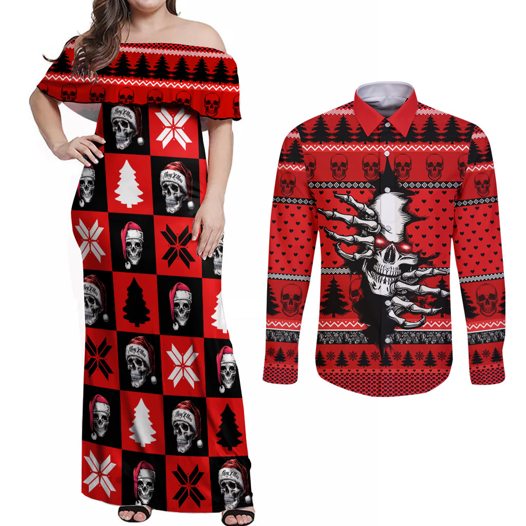 Scary Skeleton Couples Matching Off Shoulder Maxi Dress and Long Sleeve Button Shirt Skeleton Inside Ugly Christmas - Wonder Print Shop