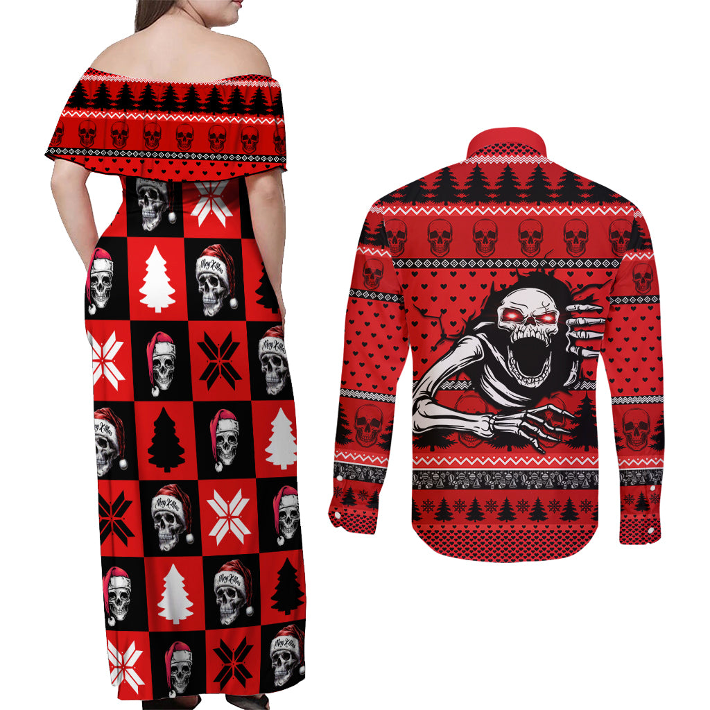 Scary Skeleton Couples Matching Off Shoulder Maxi Dress and Long Sleeve Button Shirt Skeleton Inside Ugly Christmas - Wonder Print Shop