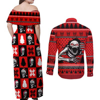Scary Skeleton Couples Matching Off Shoulder Maxi Dress and Long Sleeve Button Shirt Skeleton Inside Ugly Christmas - Wonder Print Shop