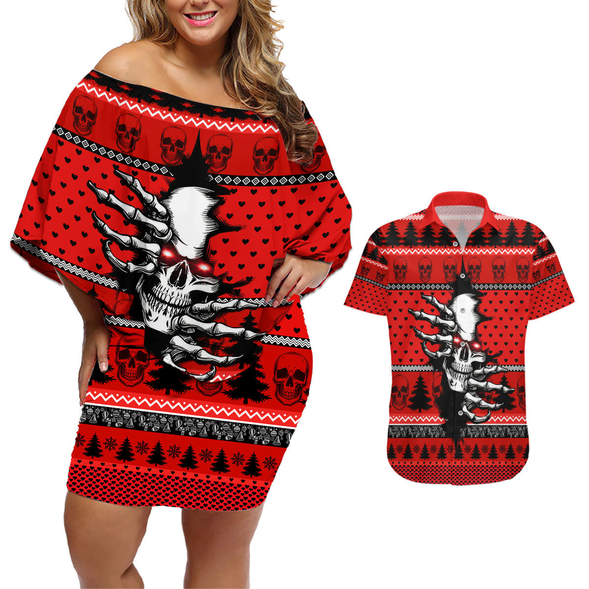 Scary Skeleton Couples Matching Off Shoulder Short Dress and Hawaiian Shirt Skeleton Inside Ugly Christmas - Wonder Print Shop