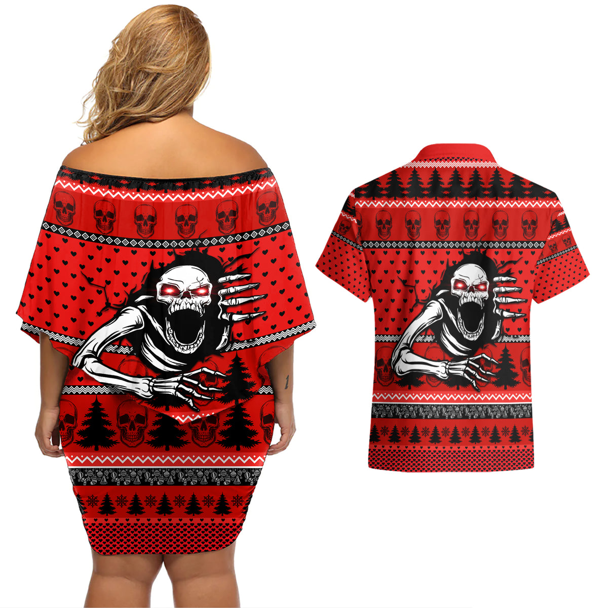 Scary Skeleton Couples Matching Off Shoulder Short Dress and Hawaiian Shirt Skeleton Inside Ugly Christmas - Wonder Print Shop