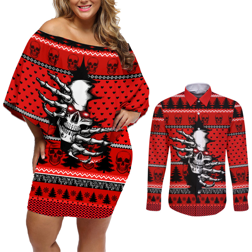 Scary Skeleton Couples Matching Off Shoulder Short Dress and Long Sleeve Button Shirt Skeleton Inside Ugly Christmas - Wonder Print Shop