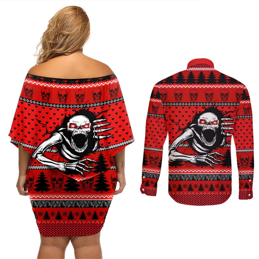 Scary Skeleton Couples Matching Off Shoulder Short Dress and Long Sleeve Button Shirt Skeleton Inside Ugly Christmas - Wonder Print Shop