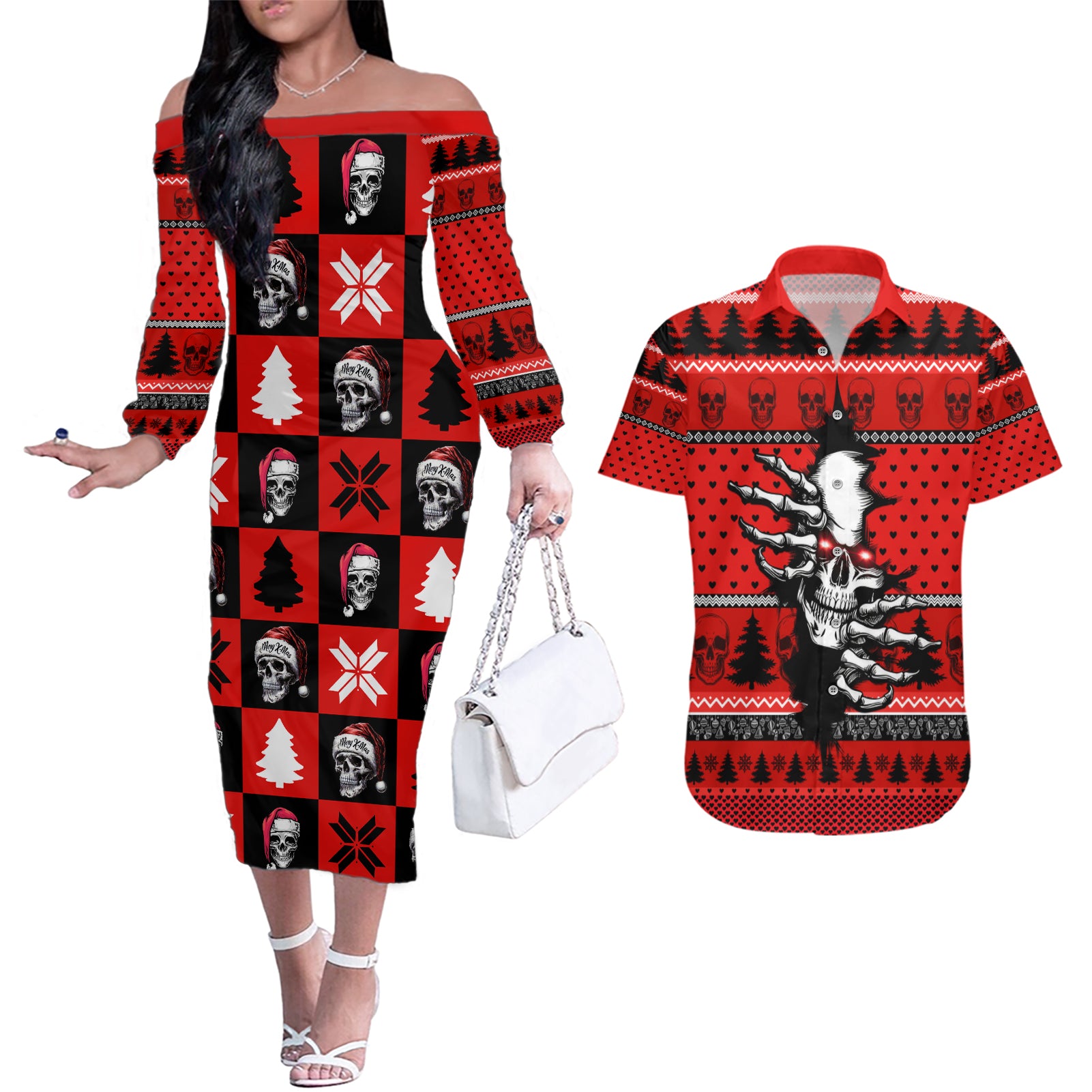 Scary Skeleton Couples Matching Off The Shoulder Long Sleeve Dress and Hawaiian Shirt Skeleton Inside Ugly Christmas - Wonder Print Shop