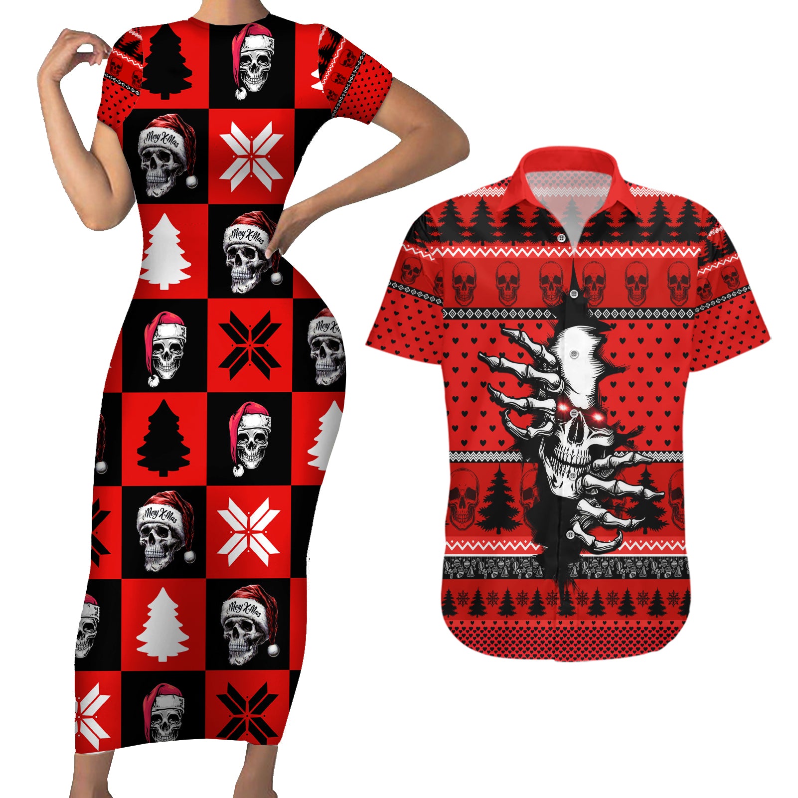 Scary Skeleton Couples Matching Short Sleeve Bodycon Dress and Hawaiian Shirt Skeleton Inside Ugly Christmas - Wonder Print Shop