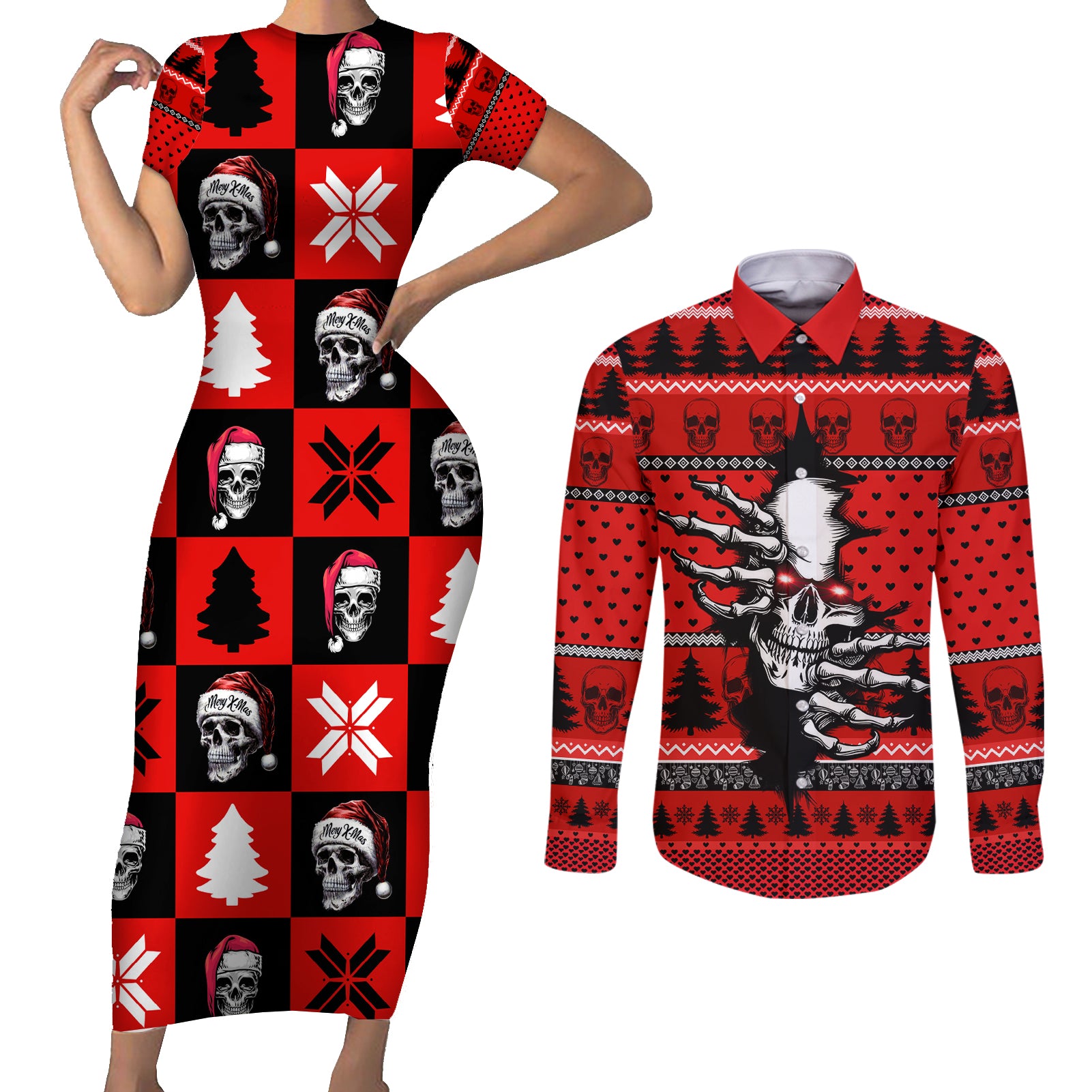 Scary Skeleton Couples Matching Short Sleeve Bodycon Dress and Long Sleeve Button Shirt Skeleton Inside Ugly Christmas - Wonder Print Shop