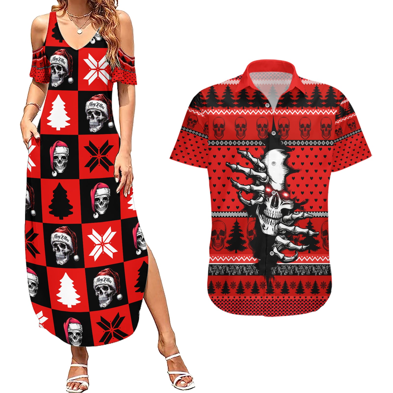 Scary Skeleton Couples Matching Summer Maxi Dress and Hawaiian Shirt Skeleton Inside Ugly Christmas - Wonder Print Shop