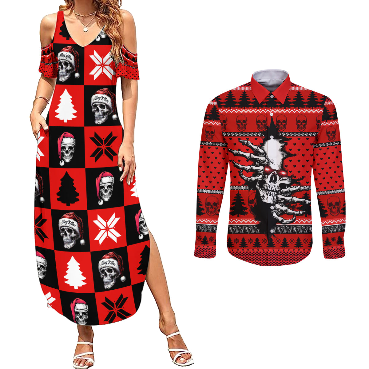 Scary Skeleton Couples Matching Summer Maxi Dress and Long Sleeve Button Shirt Skeleton Inside Ugly Christmas - Wonder Print Shop