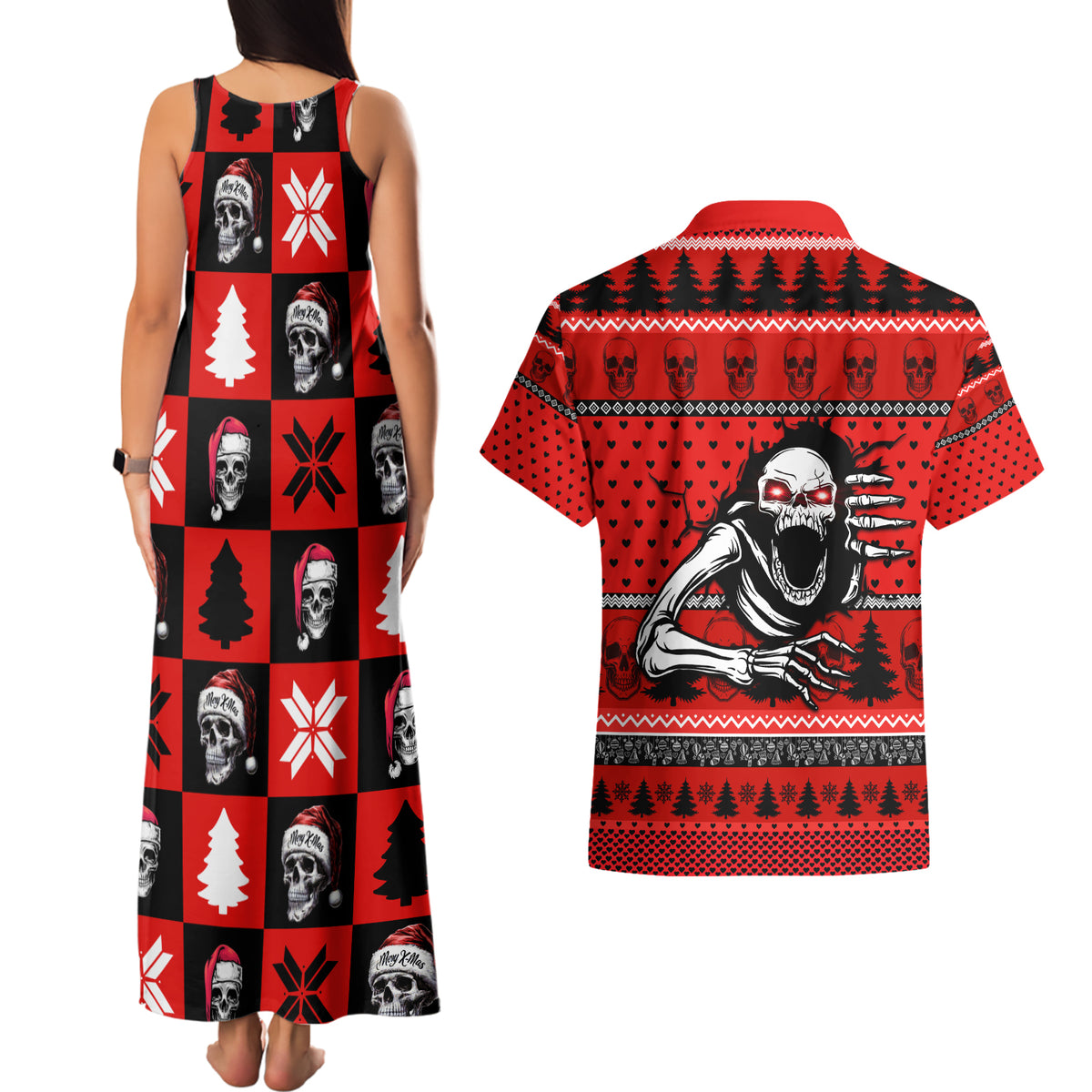 Scary Skeleton Couples Matching Tank Maxi Dress and Hawaiian Shirt Skeleton Inside Ugly Christmas - Wonder Print Shop
