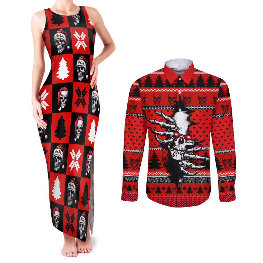 Scary Skeleton Couples Matching Tank Maxi Dress and Long Sleeve Button Shirt Skeleton Inside Ugly Christmas - Wonder Print Shop