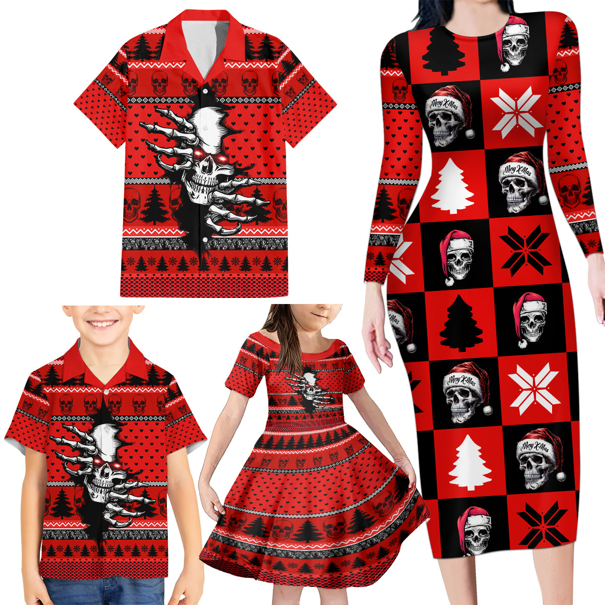 Scary Skeleton Family Matching Long Sleeve Bodycon Dress and Hawaiian Shirt Skeleton Inside Ugly Christmas - Wonder Print Shop