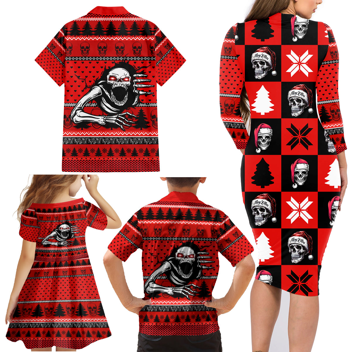 Scary Skeleton Family Matching Long Sleeve Bodycon Dress and Hawaiian Shirt Skeleton Inside Ugly Christmas - Wonder Print Shop