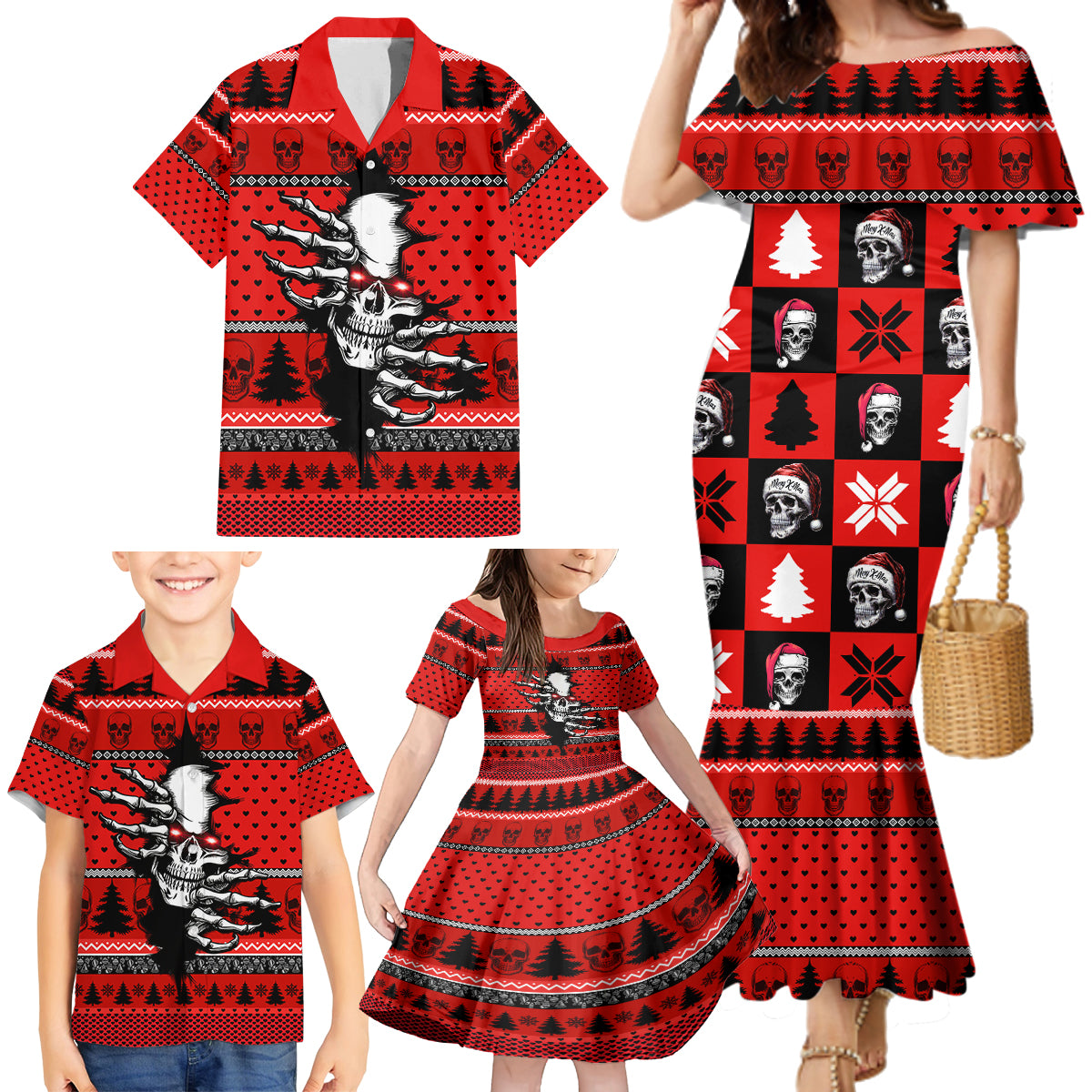 Scary Skeleton Family Matching Mermaid Dress and Hawaiian Shirt Skeleton Inside Ugly Christmas - Wonder Print Shop