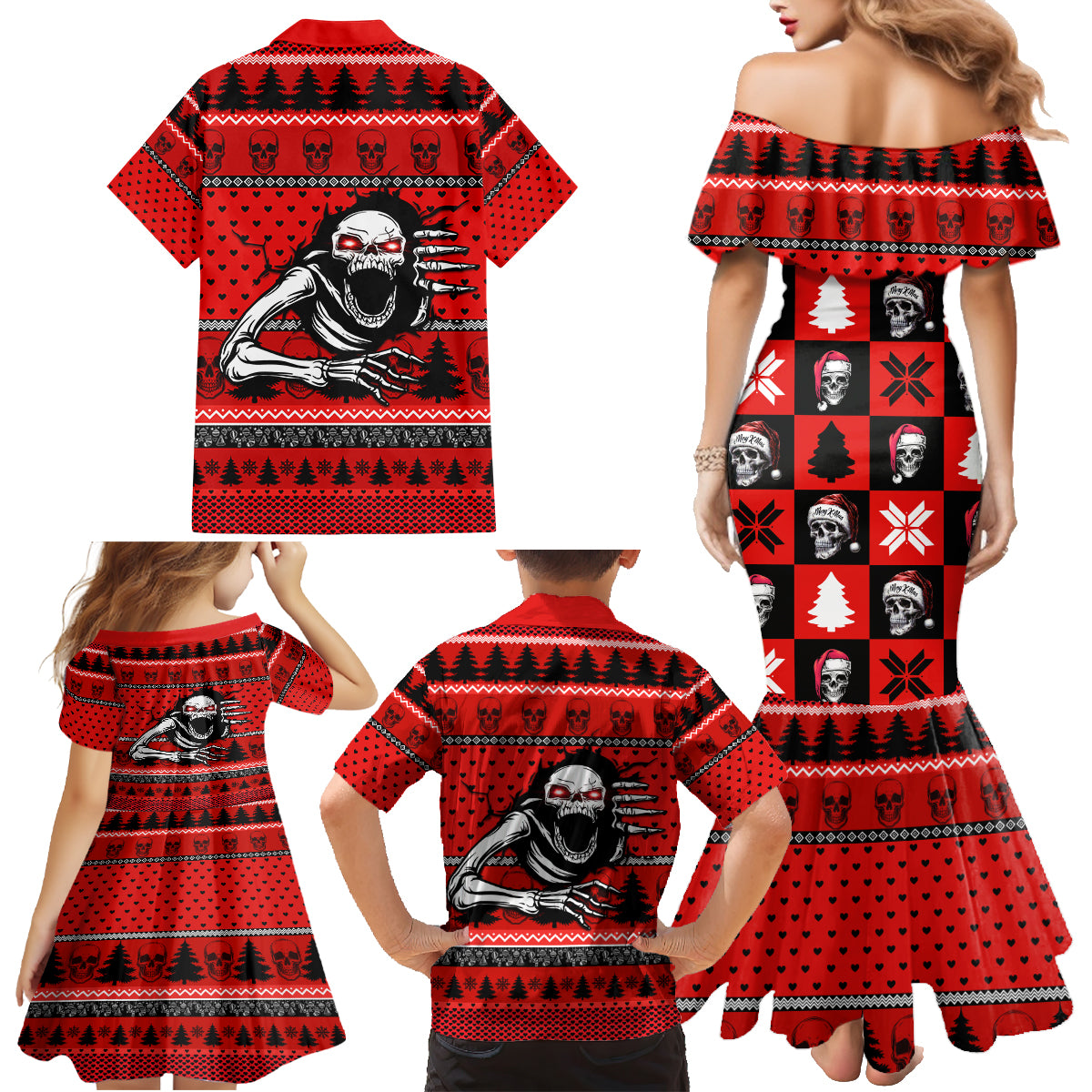 Scary Skeleton Family Matching Mermaid Dress and Hawaiian Shirt Skeleton Inside Ugly Christmas - Wonder Print Shop