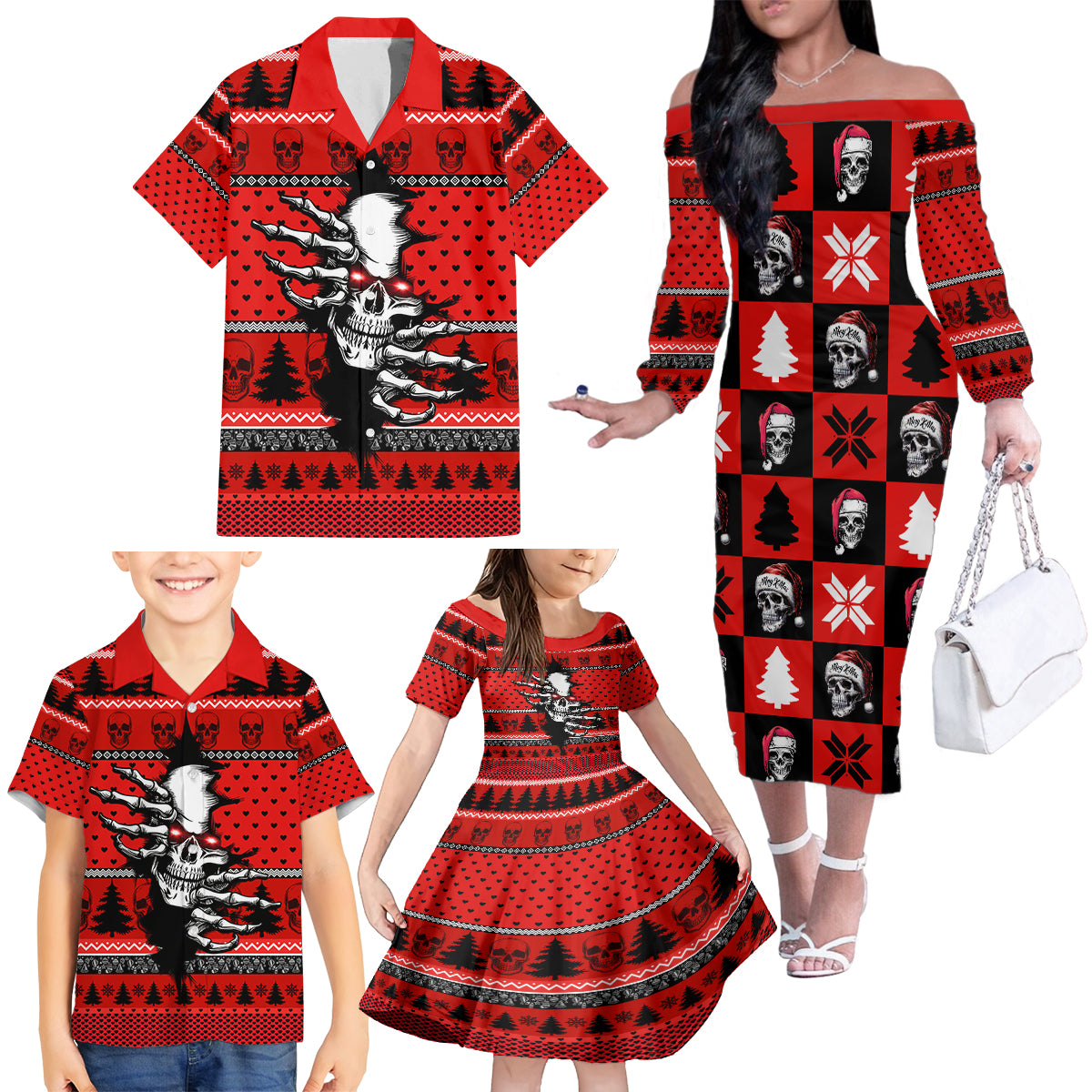 Scary Skeleton Family Matching Off Shoulder Long Sleeve Dress and Hawaiian Shirt Skeleton Inside Ugly Christmas - Wonder Print Shop