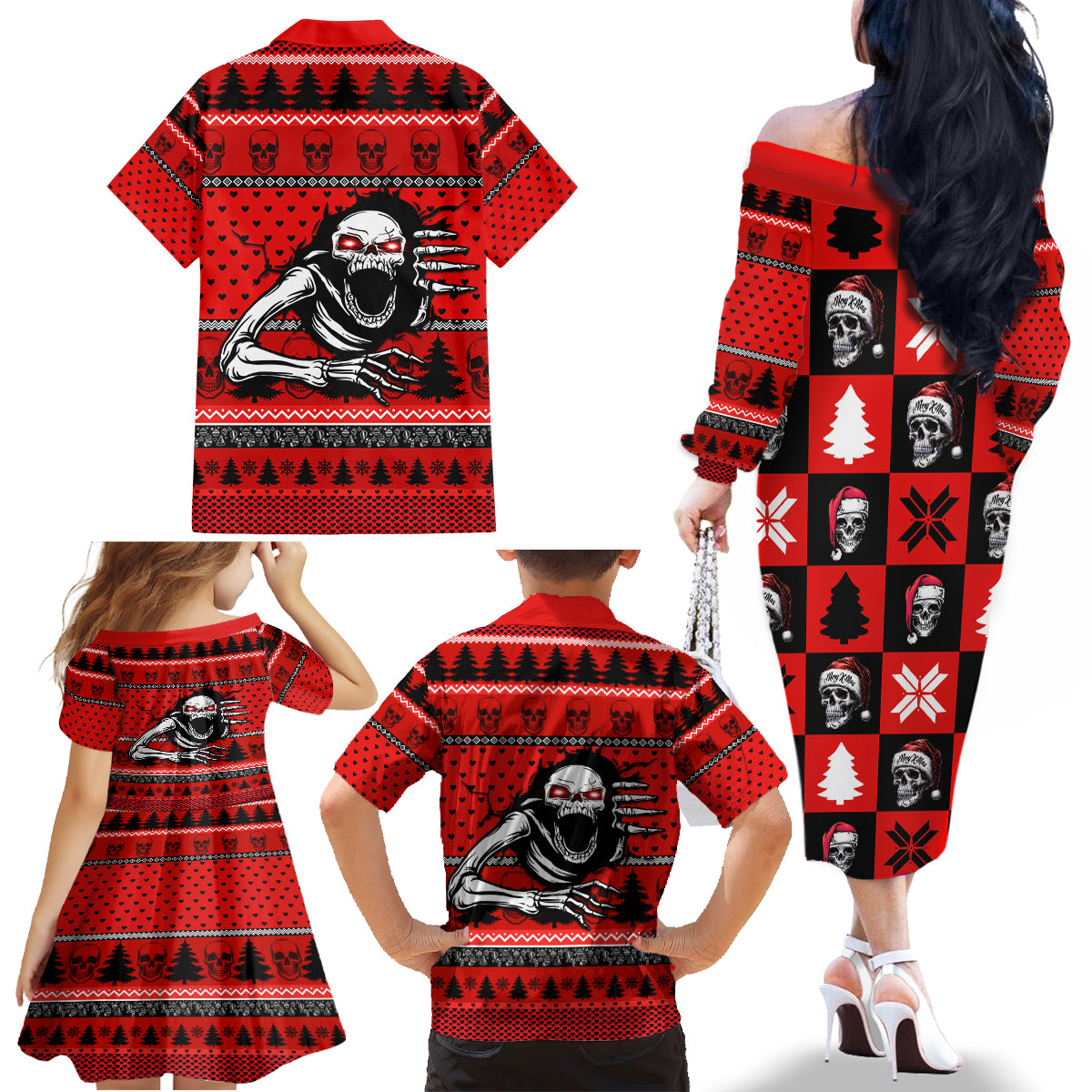 Scary Skeleton Family Matching Off Shoulder Long Sleeve Dress and Hawaiian Shirt Skeleton Inside Ugly Christmas - Wonder Print Shop