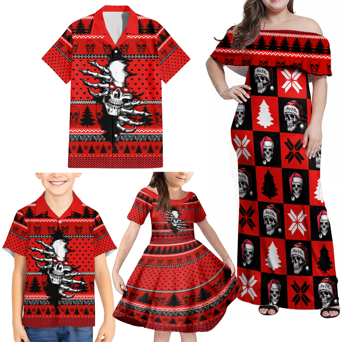 Scary Skeleton Family Matching Off Shoulder Maxi Dress and Hawaiian Shirt Skeleton Inside Ugly Christmas - Wonder Print Shop