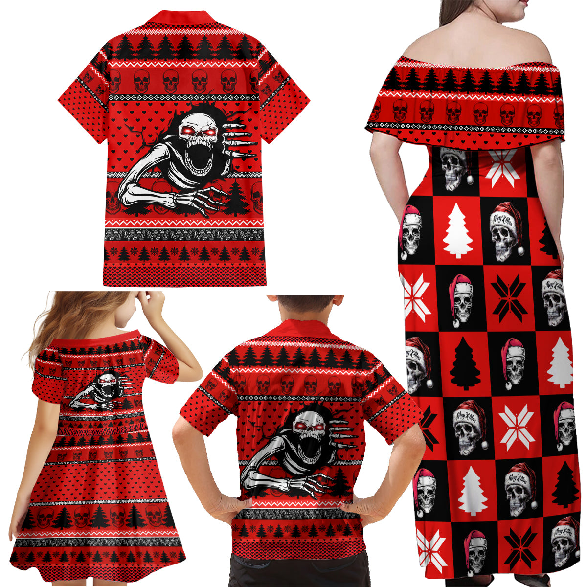Scary Skeleton Family Matching Off Shoulder Maxi Dress and Hawaiian Shirt Skeleton Inside Ugly Christmas - Wonder Print Shop