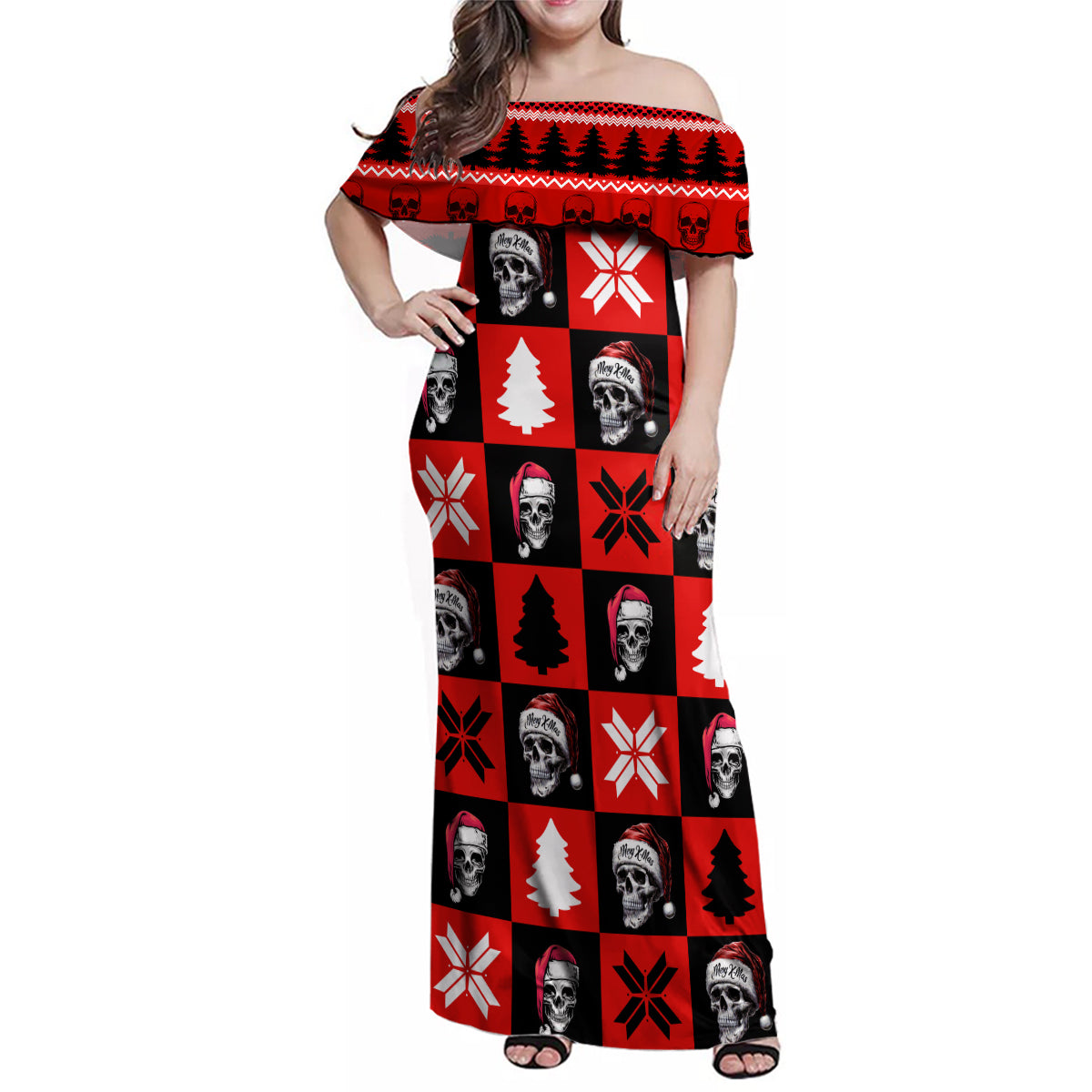Scary Skeleton Family Matching Off Shoulder Maxi Dress and Hawaiian Shirt Skeleton Inside Ugly Christmas - Wonder Print Shop