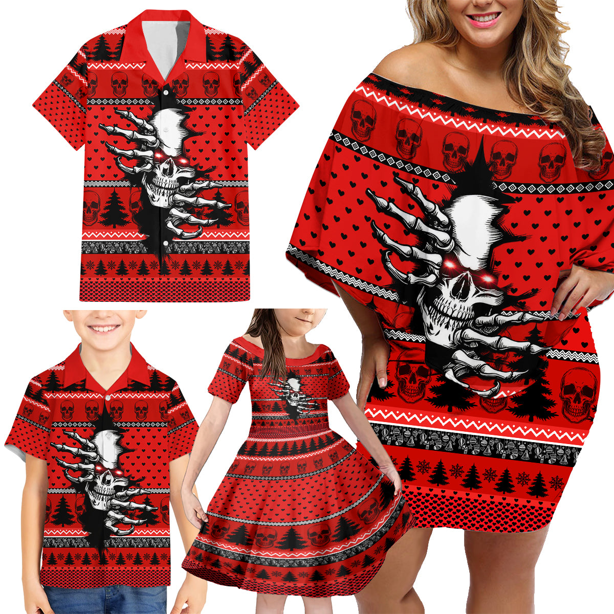 Scary Skeleton Family Matching Off Shoulder Short Dress and Hawaiian Shirt Skeleton Inside Ugly Christmas - Wonder Print Shop